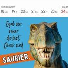 Kalender für Oktober 2027, Woche 42. Text: "Egal wie sauer du bist, Dinos sind SAURIER." Bild eines Dinosauriers.