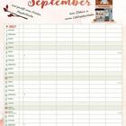 Kalenderseite September 2027 mit Herbstmotiven, Gebäck, Tee, einem Buchladen-Logo und Texten zur Herbststimmung.