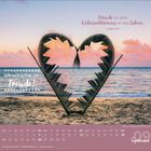 Text: "Freude ist eine Liebeserklärung an das Leben." und "Ich wünsche dir Freude!" Unten ein Kalender für September.  
Herz aus Palmblättern am Sandstrand bei Sonnenuntergang.
