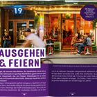 "Ausgehen & Feiern" Text oben links. Bar mit bunter Beleuchtung. Menschen sitzen draußen an Tischen, entspanntes Ambiente.