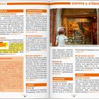 Texte: Die Hauptüberschriften sind "Bücher," "Einkaufszentren" und "Shoppen & Stöbern." Szenen einer Einkaufsstraße mit Geschäften.