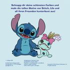 "Schnapp dir deine schönsten Farben und male die tollen Motive von Stitch, Lilo und all ihren Freunden kunterbunt aus!" zeigt niedliche Charaktere.