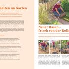 Texte: "Goldene Zeiten im Garten", "Neuer Rasen – frisch von der Rolle". Bilder: Mann verlegt Rasenrollen im Garten.