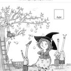 (Text) "Die Apfelmännchen ernten Äpfel. Wie viele Äpfel liegen auf dem Boden?" Menschen mit Äpfeln, Baum und Leiter.