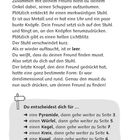 Text über einen mysteriösen Stuhl und Entscheidungen mit geometrischen Formen. Zeichnungen von Pfeilen und Formen.
