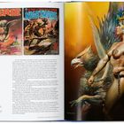 Links: "EERIE" und "NIGHTMARE" auf zwei Magazin-Covern. Rechts: Illustration einer Kriegerin mit Flügelhelm neben Greif.