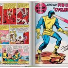 Links: Comic-Streifen mit Texten über Magneto. Rechts: "Special Pin-Up Page 'Cyclops'" mit Cyclops in gelbem und blauem Anzug.