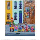 Illustration: Bunte Häuserreihe, Frau mit roter Mütze führt eine fröhliche Kindergruppe. Ein Hund beobachtet sie.