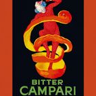 „Bitter Campari“ steht unten in grünem Text. Ein Clown in einem gepunkteten Anzug, umwickelt von einer Orangenschale.