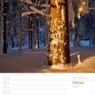 05. Woche, Februar 2027, 07 So. Verschneiter Fichtenwald bei Sonnenuntergang, Baumstamm im Vordergrund.