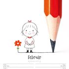 "Februar" und Wochentage stehen unter einem Strich mit Blumenmädchen-Skizze neben einem großen roten Bleistift.