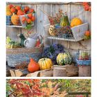 Kalenderseite mit Monat September; Bilder zeigen bunte Herbstblumen, Kürbisse und gemütliche Gartenszene mit Tisch und Stuhl.