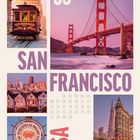 09, SAN FRANCISCO, USA. Kalender mit Bildern der Golden Gate Bridge, Straßenbahn, Skyline und Fisherman's Wharf.