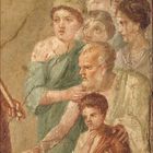 Unten steht "9" und die Zahlen 1 bis 30. Eine antike Wandmalerei zeigt mehrere Personen, einige blicken nach links.