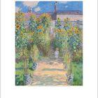 September. Illustration von einem Garten mit Sonnenblumen, ein Kind auf einem Weg mit einem kleinen Hund.