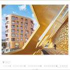 9 2027. Kalender mit Bild von einem modernen Gebäude und einer goldfarbenen Brücke.