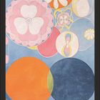 September-Kalender. Abstrakte Kreise, Blumenmuster in Pastellfarben auf blauem Hintergrund. Geometrische Formen.