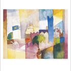 Kandinsky 1914. Aquarell. Verschiedene abstrakte Formen und Farben, darunter Blau, Gelb, Violett und Grün.