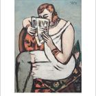 Oben rechts: "Beckmann, Feb. 47". Frau sitzt und liest Zeitung, in einem weißen Kleid, Illustration. Unten: Nummer 9.