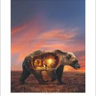 Zahl "9" und Dezembers inkludierter Kalender. Illustration: Ein Bär mit einer Landschaft im Bauch bei Sonnenuntergang.