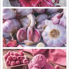 September. Radicchio, Knoblauch und Himbeereis mit Himbeeren. Ein Kalenderblatt mit den Septembertagen darunter.