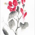 „09“ in Rot, darunter ein Monatskalender. Aquarell einer roten Blume mit dunklen Blättern und Stängeln. Japanische Siegel.