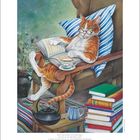 Zitat: „Man muss Katzen nicht beibringen, wie man es sich gemütlich macht...“ Illustration einer Katze mit Brille, die liest.