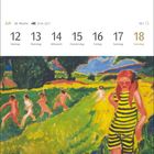 Kalender: Juli, Woche 28, 12. bis 18. Ein Gemälde zeigt Personen auf grüner Wiese, eine davon im gelben gestreiften Kleid.