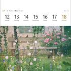 Kalenderdaten: Juli, 28. Woche, 12. bis 18. Montag bis Sonntag. Illustration: Gartenbank mit blühenden Blumen.