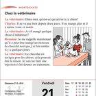 Chez la vétérinaire: Dialog zwischen Tierarzt und Hundebesitzern. Hund auf Untersuchungstisch, Kalender zeigt Freitag, 21. Mai.