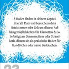 "S-Haken finden in deinem Gepäck überall Platz..." steht in einem weißen Bereich, umgeben von blauen Linien. Unten: "23 April • Freitag".