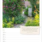Juli-Kalenderblatt mit sprießendem Garten, Rosen und Zitat von Alfred Tennyson. Datum: 19.-25. Juli.