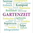 Der Text "GARTENZEIT" ist in großen Buchstaben, umgeben von Garten-bezogenen Wörtern. Unten steht eine Datumsreihe im April.
