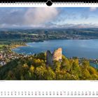 „Blick über die Ruine Altbodman auf den Überlinger See”. Kalender für September. Ruine vor einem See und Waldlandschaft.