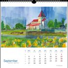 Kalenderblatt für September mit einem Gemälde einer Kirche in einer grünen Landschaft.
