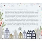 Eine Erzählung über einen lebendigen Adventskalender im Dorf, dekoriert mit Tannenzweigen und Häuserillustrationen, Nummer 10.