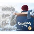 Text über die Geburt Jesu, Zitat aus Matthäus 1,18-21. "Erscheinung" steht groß daneben. Eine Person trägt eine Axt.