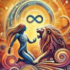 Text: "VIII-Kraft". Eine Illustration zeigt eine blaue Frau und einen Löwen unter einem Unendlichkeitssymbol.