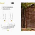 Anleitung für geflochtene Strukturen. Skizzen erklären Schritte, Foto zeigt gewebte Wand eines einfachen Holzhauses.