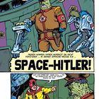 Illustration mit Texten: "Willkommen, Erdenmensch!", "Space-Hitler!", "Mein Gefangener!", "Jenze zu tun!" Gezeichnete Alien-Figuren im Raumanzug.