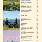 Inhalt Seite 8: Ziele in Finnland mit Seitenzahlen. Bilder: Kanufahrer, Radfahrer in Landschaft, Winterlandschaft mit Schnee.