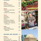 Texte: "Literaturmuseum 304", "Zaamin 306", "IM SÜDEN 309", Bilder zeigen Obst, Gemüse, einen Mann mit Musikinstrumenten und ein Gebäude.