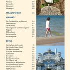 Text aus einem Inhaltsverzeichnis mit Länderliste und Themen. Bilder: Kopfsteinpflastergasse, Frau am Strand, dekoratives Gebäude.