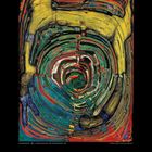 Gemälde von Hundertwasser, "LA GUERRE ASIATIQUE - DER ASIATISCHE KRIEG", 1958. Darunter Kalenderdaten für IX 2027.