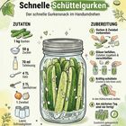 Illustration mit Gurkenrezept: Zutatenliste, Zubereitungsschritte. Hauptbild: Einmachglas mit Gurken und Gewürzen.