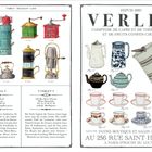 "PARIS I - TEESALON - CAFÉ", "VERLET", "NOTRE BOUTIQUE", bunte Kaffeekannen, Teekannen und antike Kaffeemühlen.