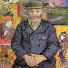 Ein Mann in blauem Mantel und Strohhut sitzt, umgeben von japanisch inspirierten Illustrationen und einem Berg.