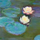 Gemälde zeigt zwei helle Seerosen auf einem blauen Teich mit grünen Blättern, impressionistischer Stil.