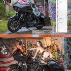 Kalenderblatt für September mit einem Motorrad. Eine Frau in Dessous posiert darauf, im Hintergrund bunte Graffitis.