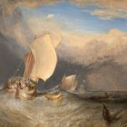 Gemälde: Ein Segelboot in stürmischer See, dramatischer Himmel mit aufziehenden Wolken und weiteren Schiffen im Hintergrund.